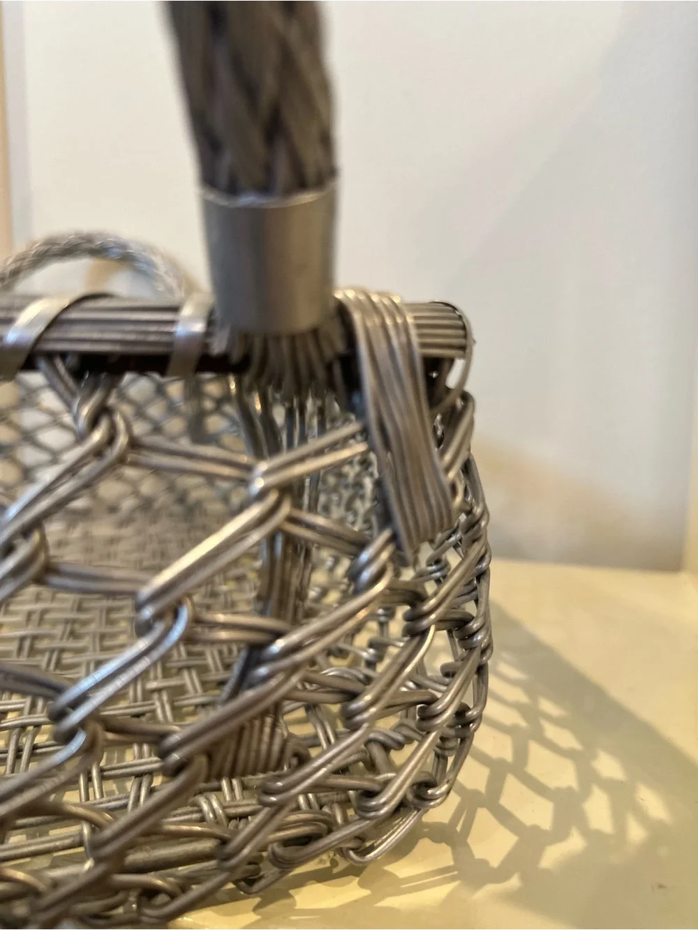 Vintage Hand Woven Mixed Metal Basket, Braided Wire Handles, Artisan Metalwork B